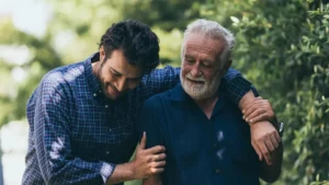Young man walking with family in sobriety