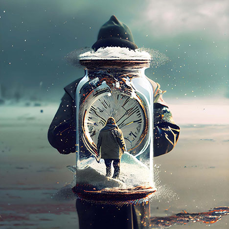 Abstract Art of Man in a Jar Looking at a Clock