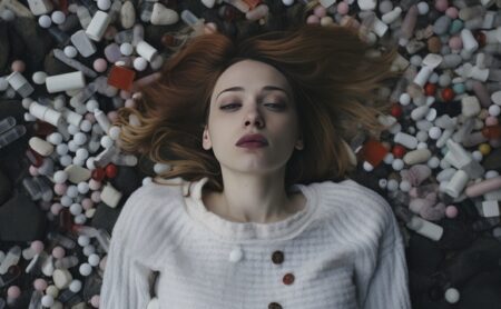 Young Woman Surrounded by Prescription Pills