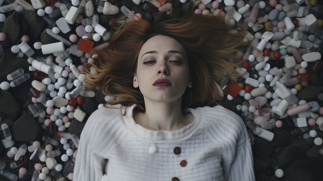 Young Woman Surrounded by Prescription Pills