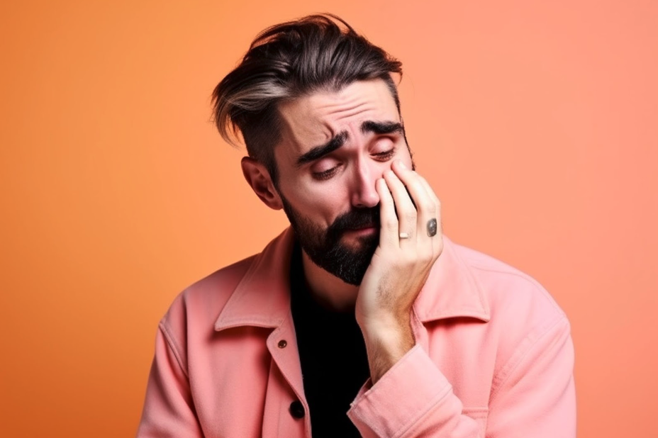 Depressed Man Crying, Wiping Away Tears