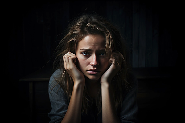 Woman with Head in Hands on Dark Background