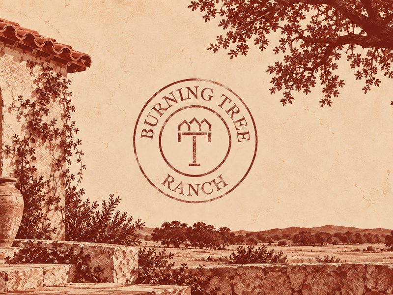 Illustrated Burning Tree Ranch emblem beside a stucco courtyard arch and live oak, in burgundy on cream