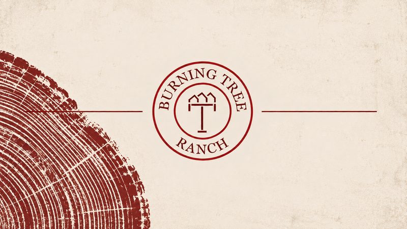 Burning Tree Ranch emblem with burgundy rules beside the growth rings of a cut tree