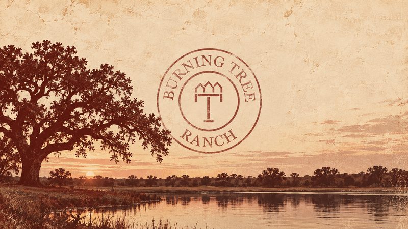 Illustrated live oak at sunset beside a still pond with a faded Burning Tree Ranch emblem