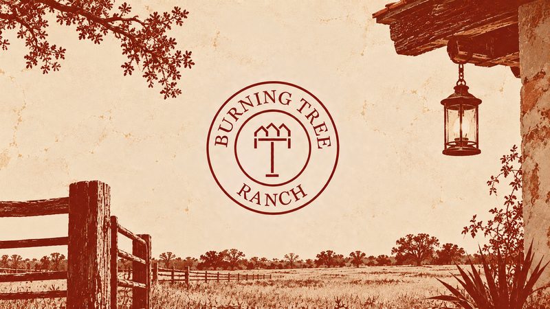 Illustrated Burning Tree Ranch emblem with a porch lantern, live oak and split rail fence over open pasture