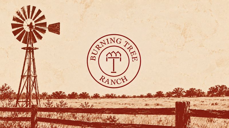 Illustrated Burning Tree Ranch emblem with a ranch windmill and wooden fence over open pasture