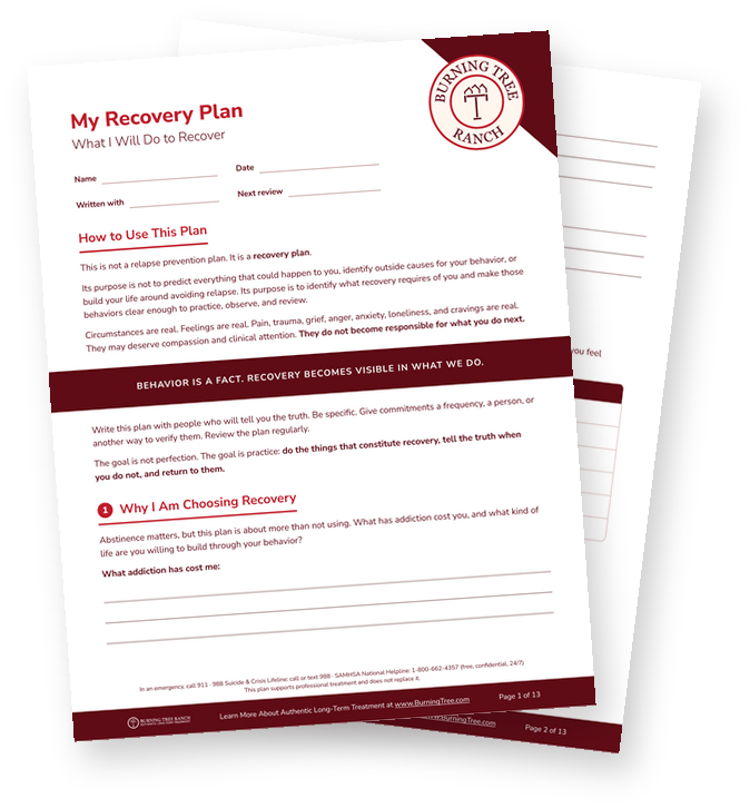 Pages of the My Recovery Plan workbook from Burning Tree Ranch